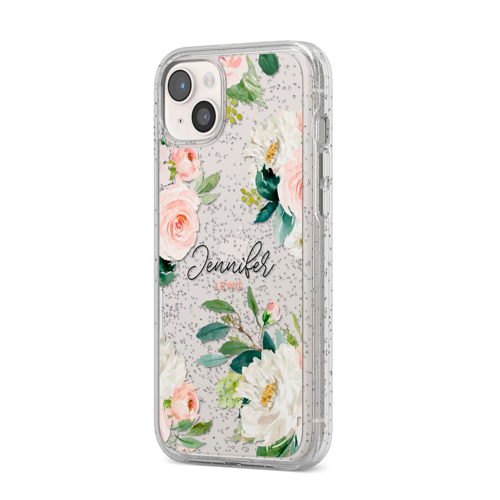 Bunches of Roses Personalised Names iPhone 14 Plus Glitter Tough Case Starlight Angled Image