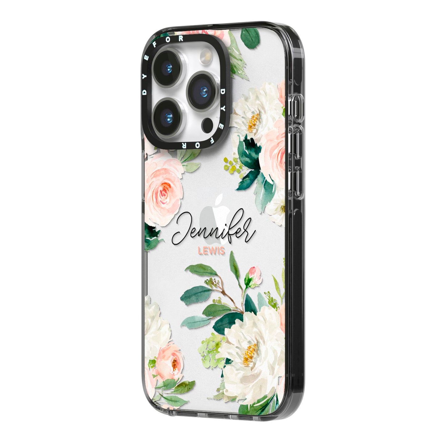 Bunches of Roses Personalised Names iPhone 14 Pro Black Impact Case Side Angle on Silver phone