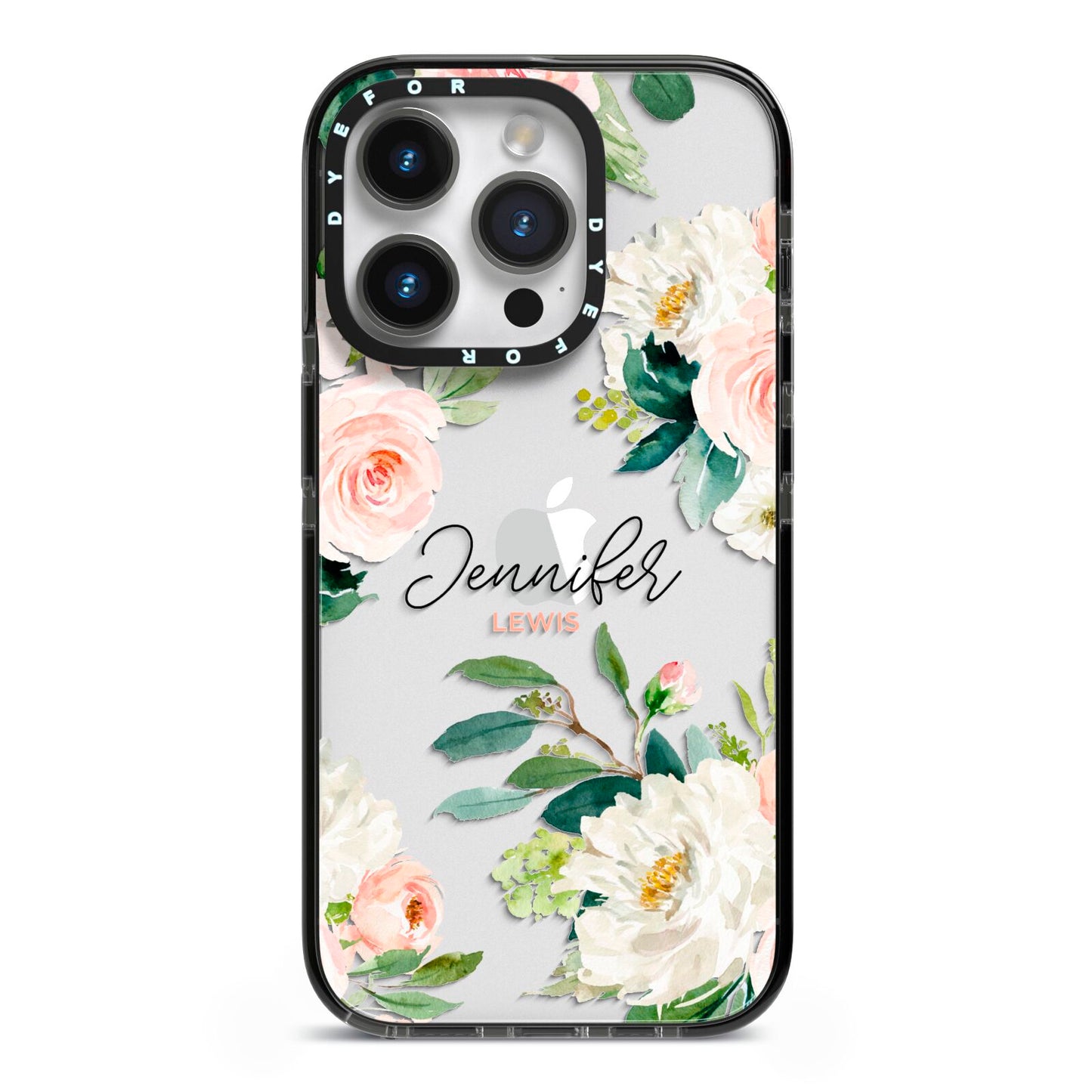 Bunches of Roses Personalised Names iPhone 14 Pro Black Impact Case on Silver phone