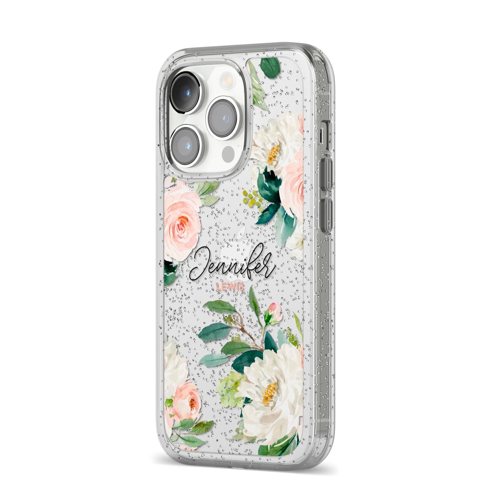 Bunches of Roses Personalised Names iPhone 14 Pro Glitter Tough Case Silver Angled Image