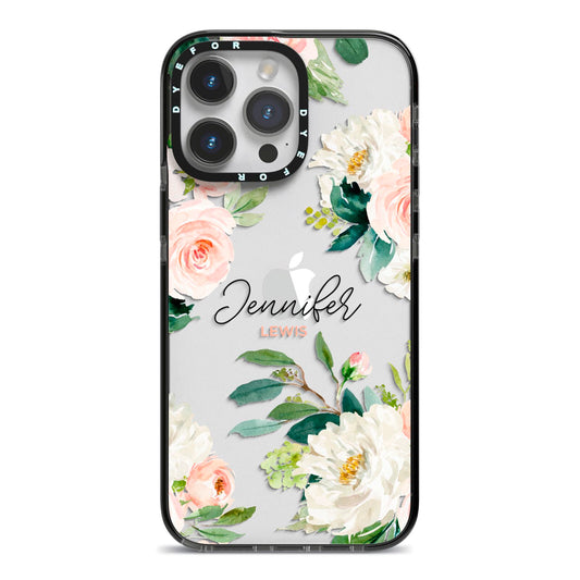 Bunches of Roses Personalised Names iPhone 14 Pro Max Black Impact Case on Silver phone