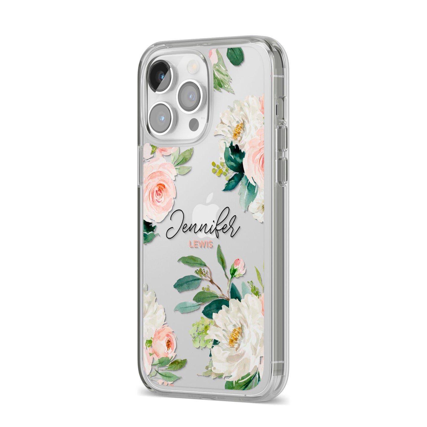 Bunches of Roses Personalised Names iPhone 14 Pro Max Clear Tough Case Silver Angled Image