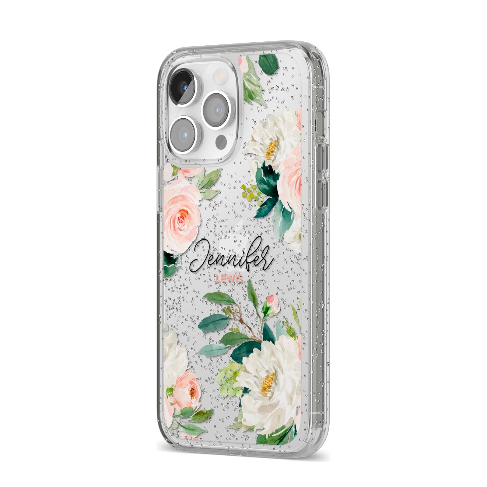 Bunches of Roses Personalised Names iPhone 14 Pro Max Glitter Tough Case Silver Angled Image