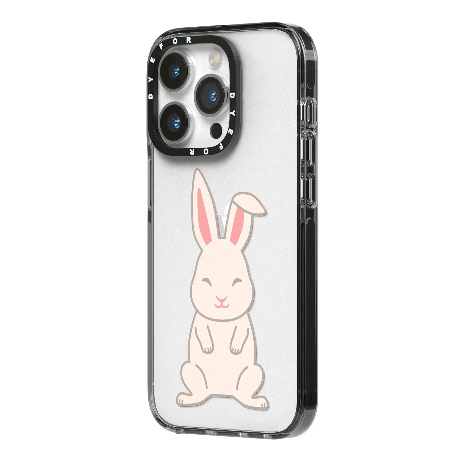 Bunny iPhone 14 Pro Black Impact Case Side Angle on Silver phone