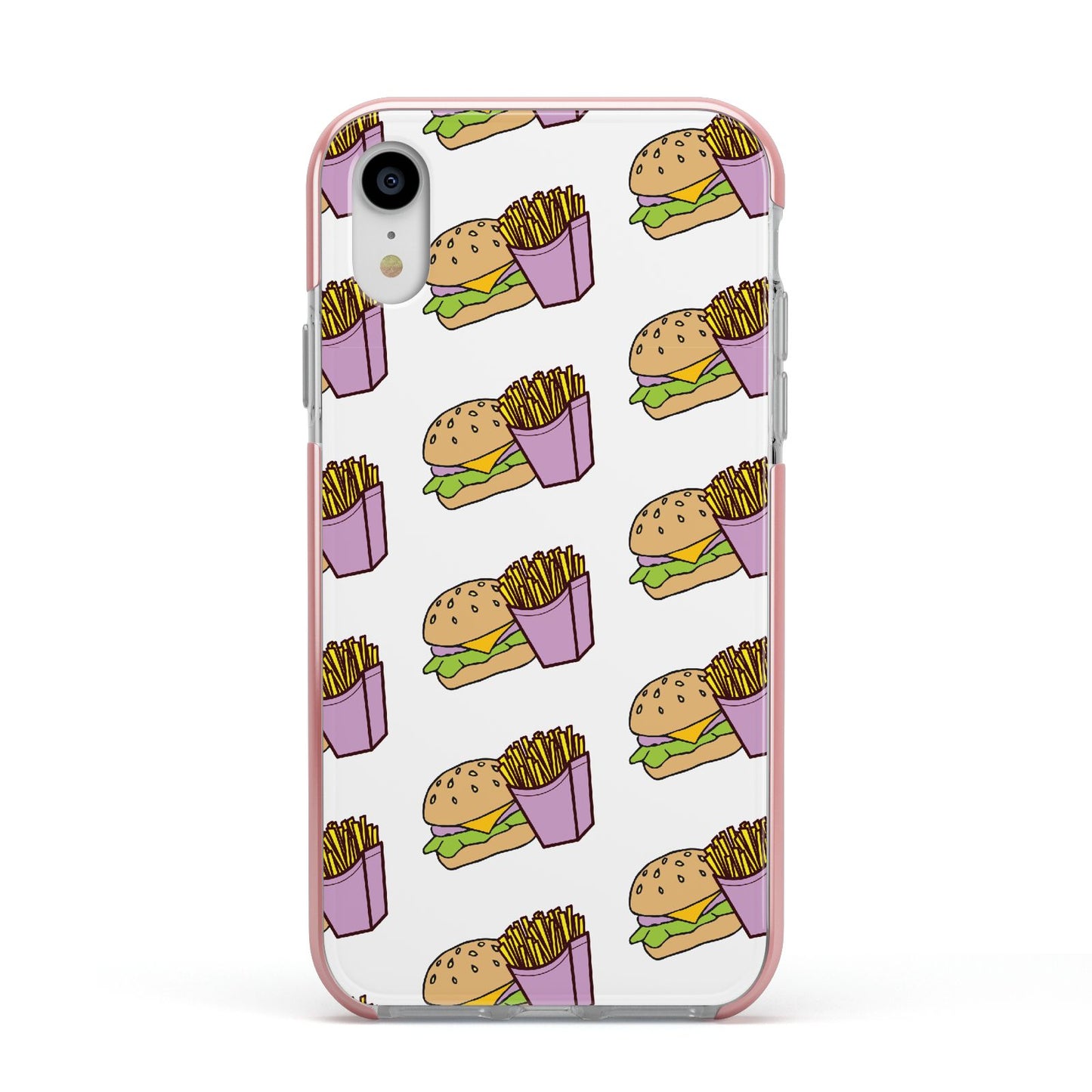 Burger Fries Fast Food Apple iPhone XR Impact Case Pink Edge on Silver Phone