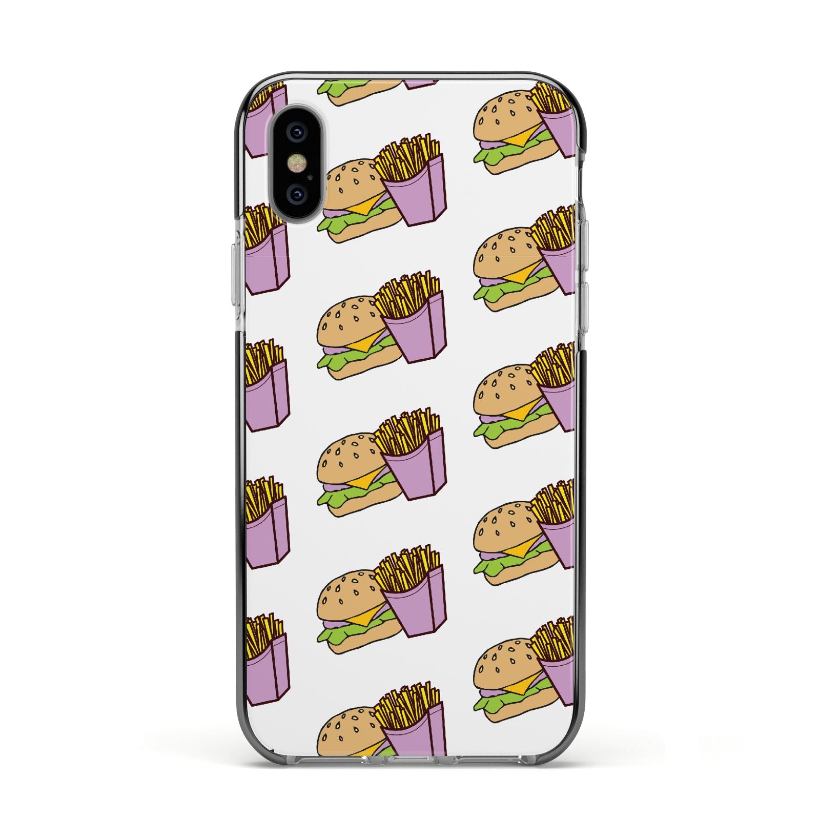Burger Fries Fast Food Apple iPhone Xs Impact Case Black Edge on Silver Phone