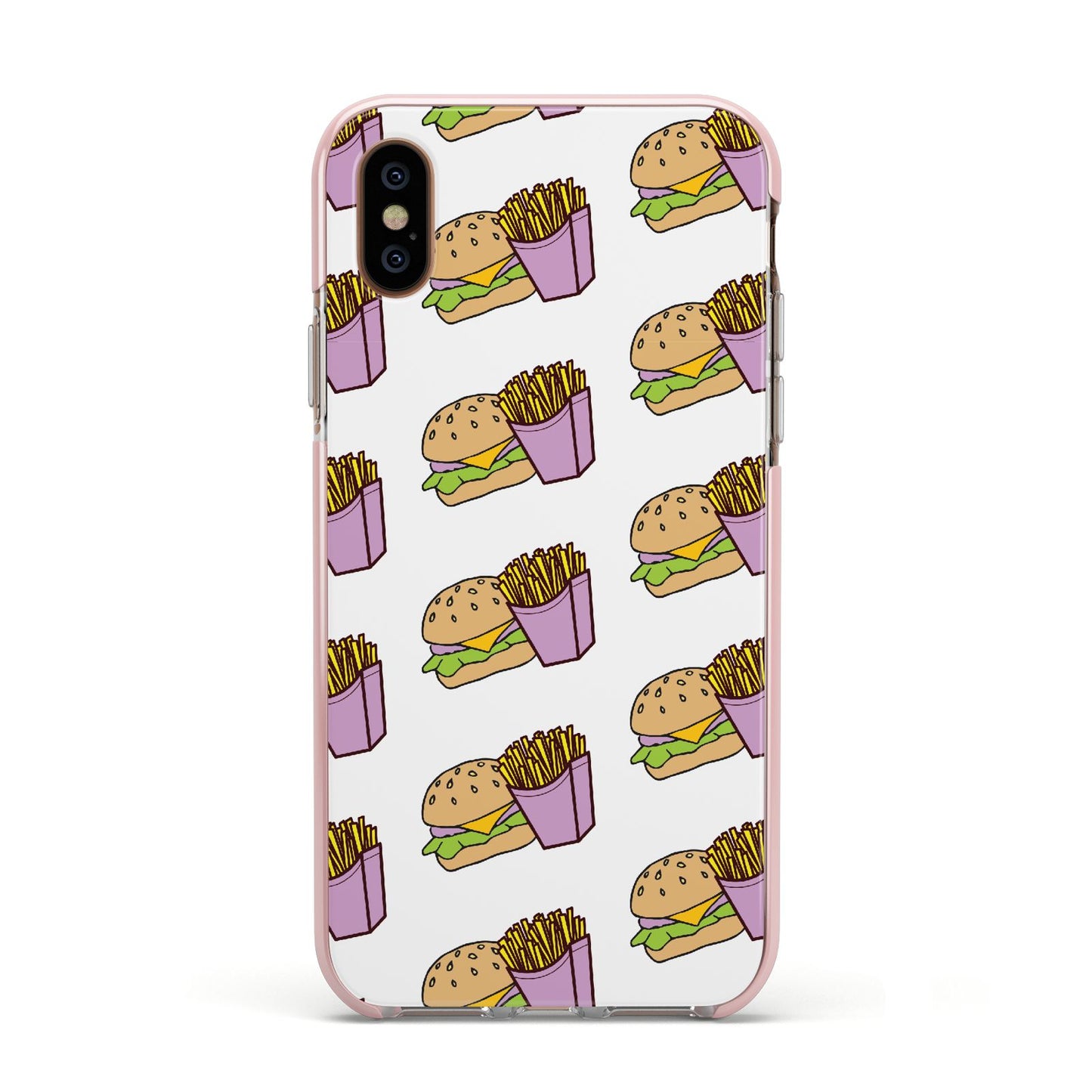 Burger Fries Fast Food Apple iPhone Xs Impact Case Pink Edge on Gold Phone