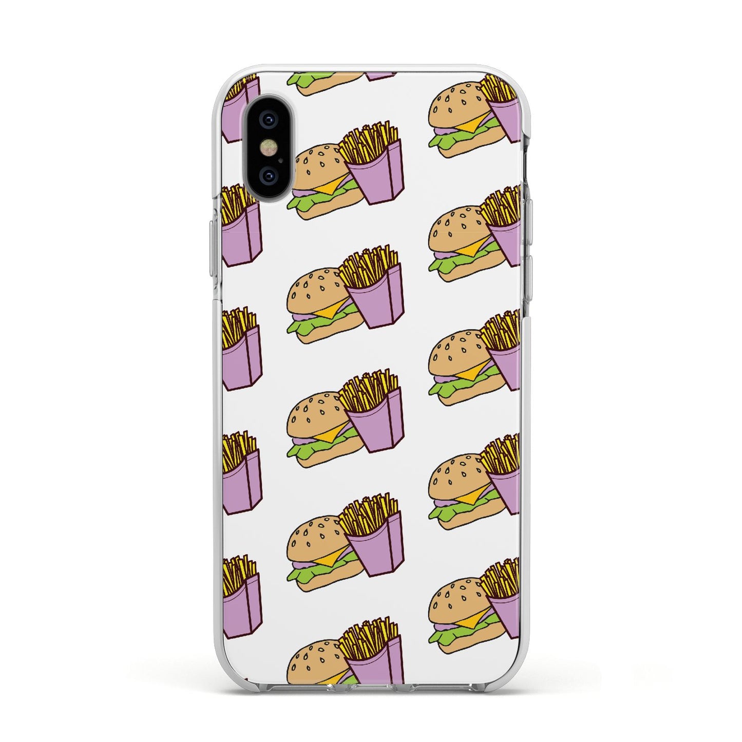 Burger Fries Fast Food Apple iPhone Xs Impact Case White Edge on Silver Phone