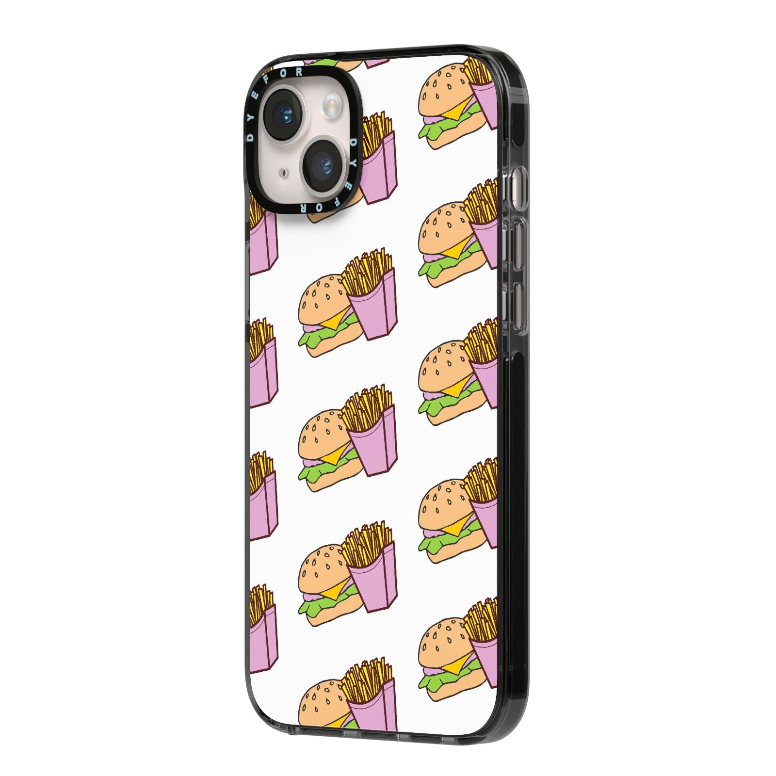 Burger Fries Fast Food iPhone 14 Plus Black Impact Case Side Angle on Silver phone