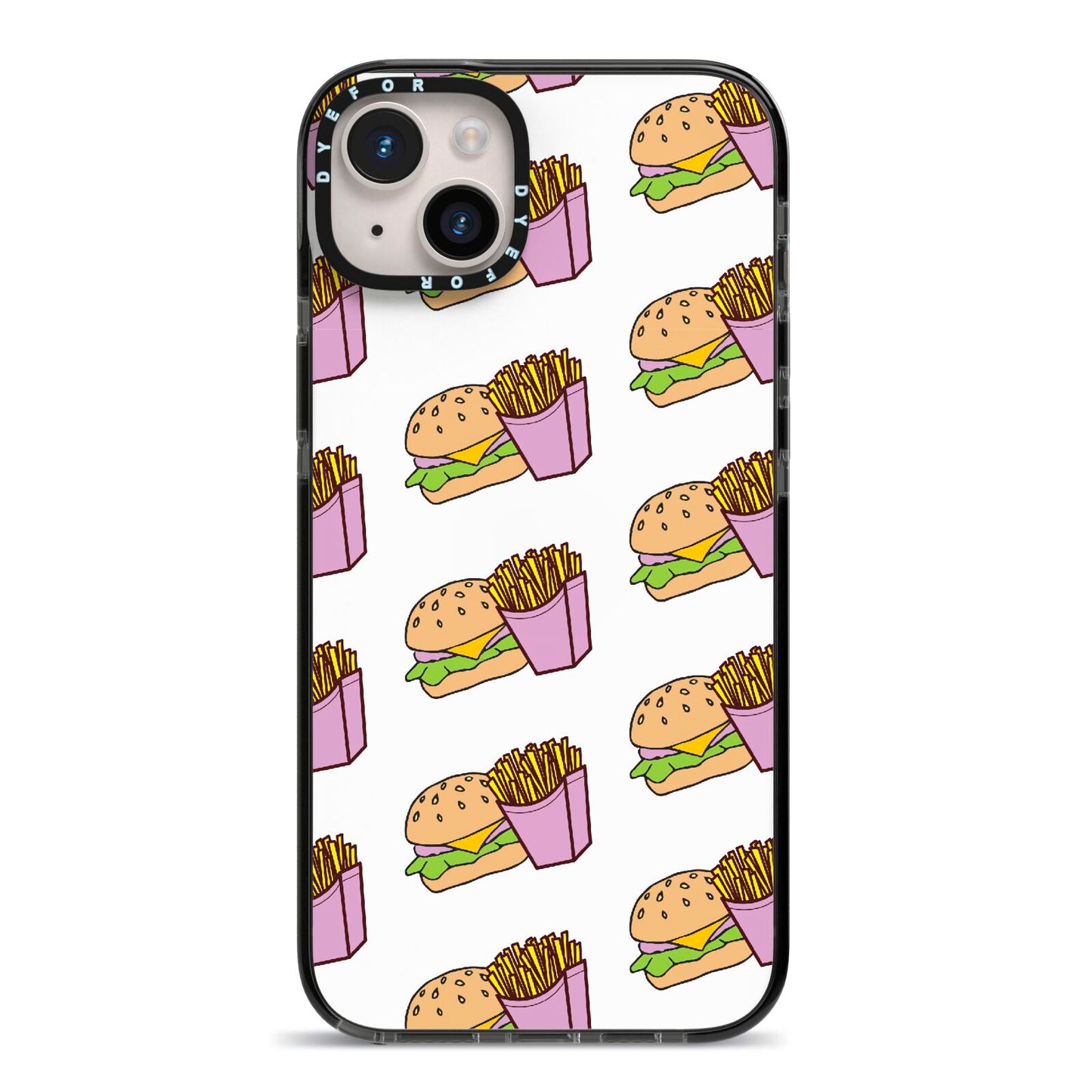 Burger Fries Fast Food iPhone 14 Plus Black Impact Case on Silver phone