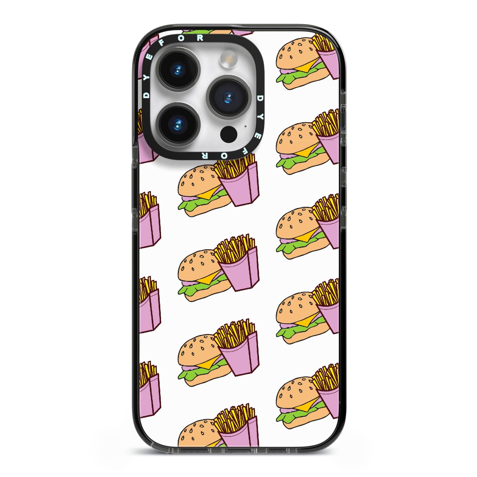 Burger Fries Fast Food iPhone 14 Pro Black Impact Case on Silver phone
