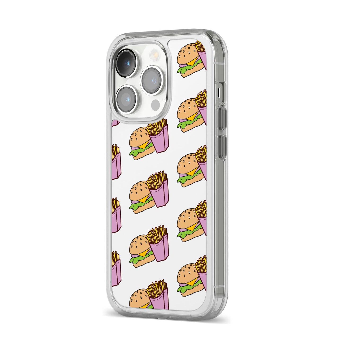 Burger Fries Fast Food iPhone 14 Pro Clear Tough Case Silver Angled Image