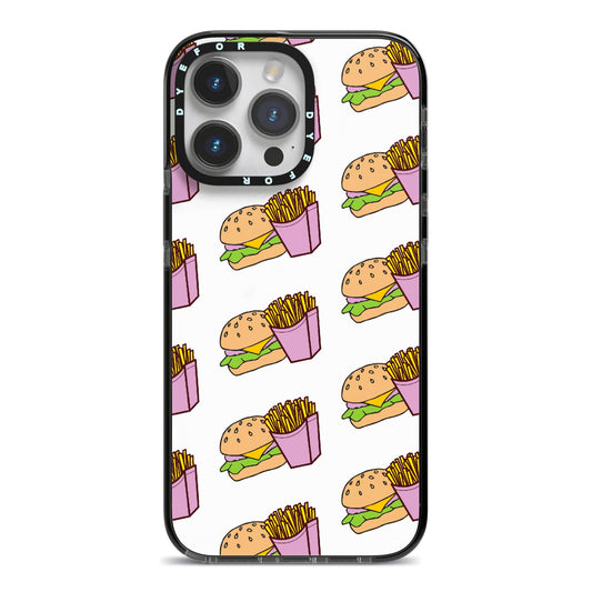Burger Fries Fast Food iPhone 14 Pro Max Black Impact Case on Silver phone
