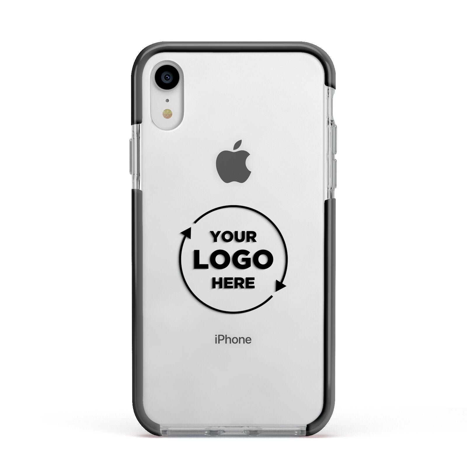 Business Logo Custom Apple iPhone XR Impact Case Black Edge on Silver Phone