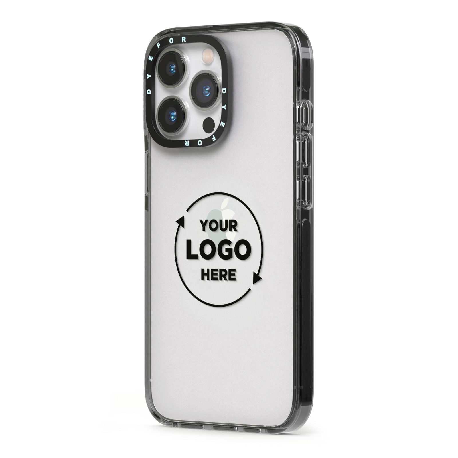 Business Logo Custom iPhone 13 Pro Black Impact Case Side Angle on Silver phone