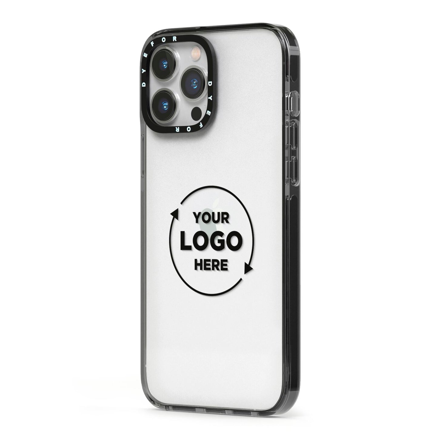Business Logo Custom iPhone 13 Pro Max Black Impact Case Side Angle on Silver phone