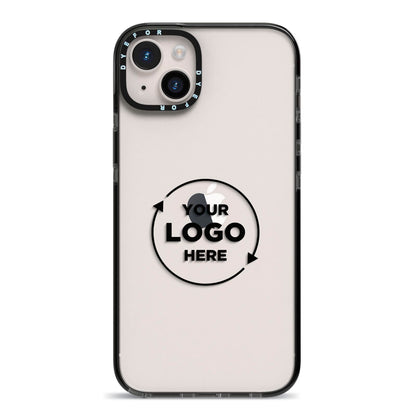 Business Logo Custom iPhone 14 Plus Black Impact Case on Silver phone