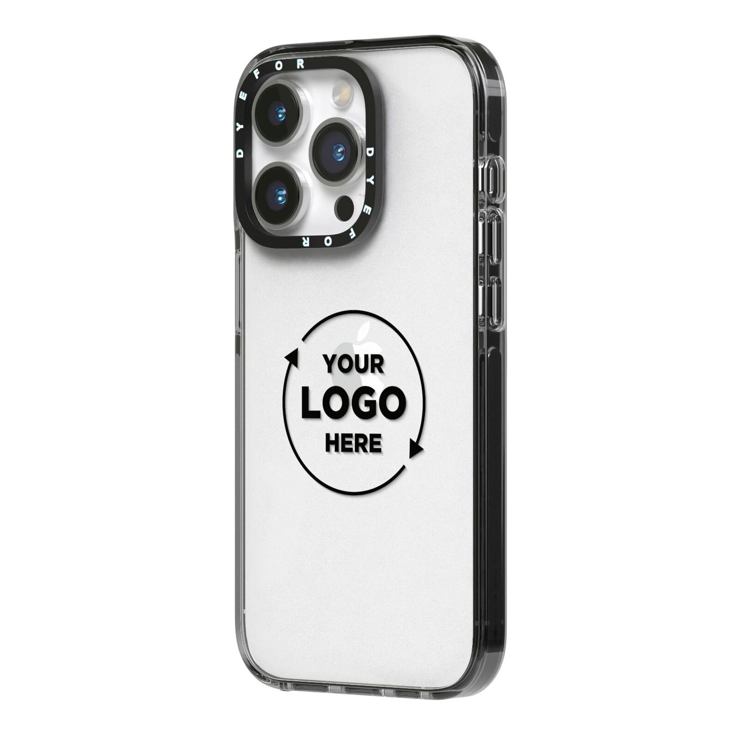 Business Logo Custom iPhone 14 Pro Black Impact Case Side Angle on Silver phone