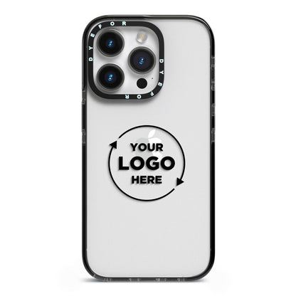 Business Logo Custom iPhone 14 Pro Black Impact Case on Silver phone