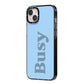 Busy Quote iPhone 14 Plus Black Impact Case Side Angle on Silver phone
