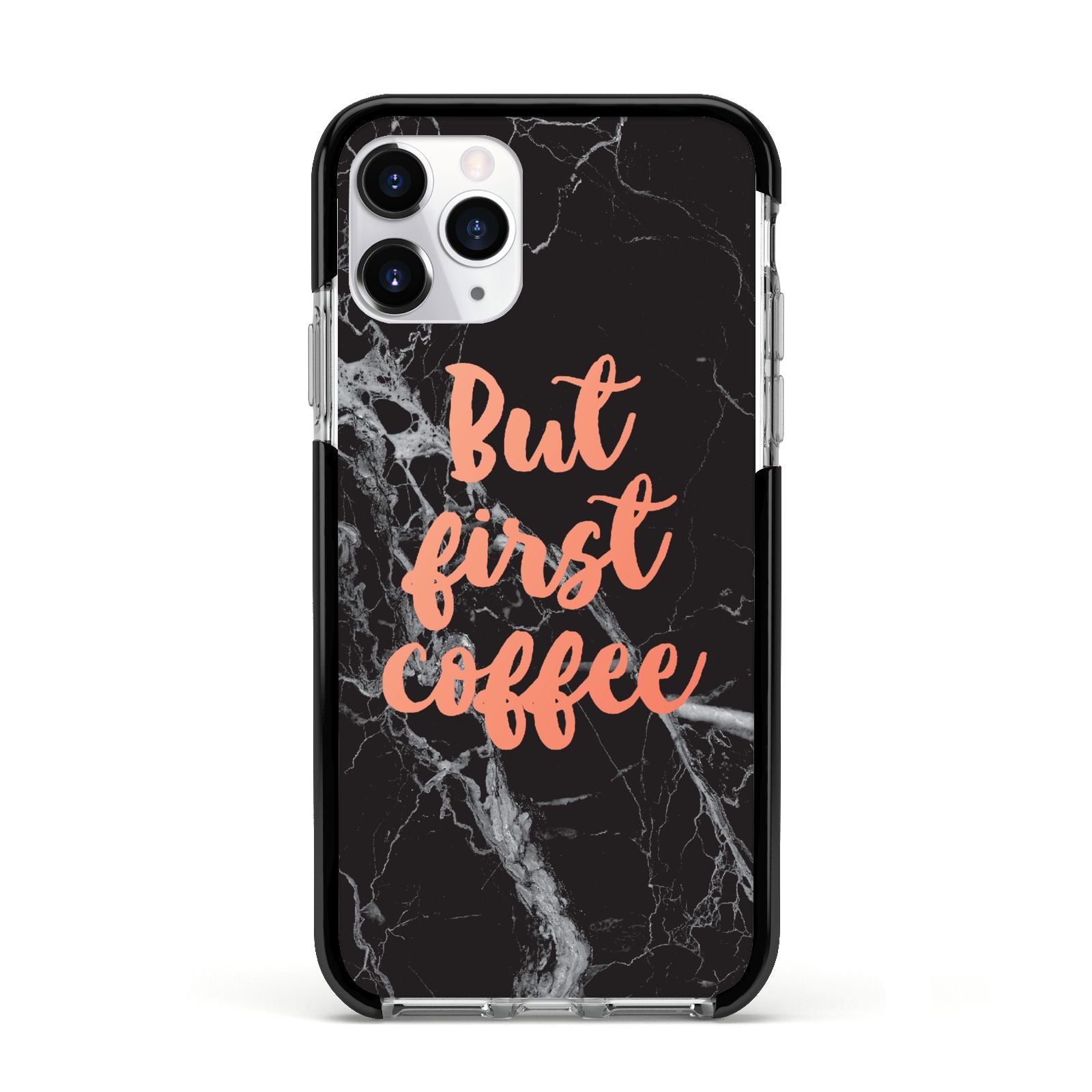 But First Coffee Black Marble Effect Apple iPhone 11 Pro in Silver with Black Impact Case