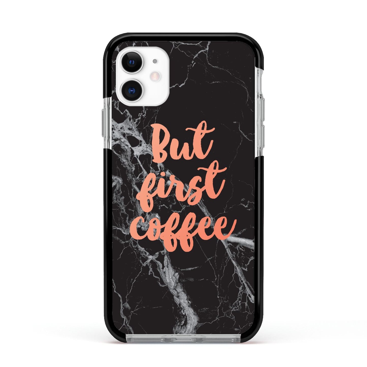 But First Coffee Black Marble Effect Apple iPhone 11 in White with Black Impact Case