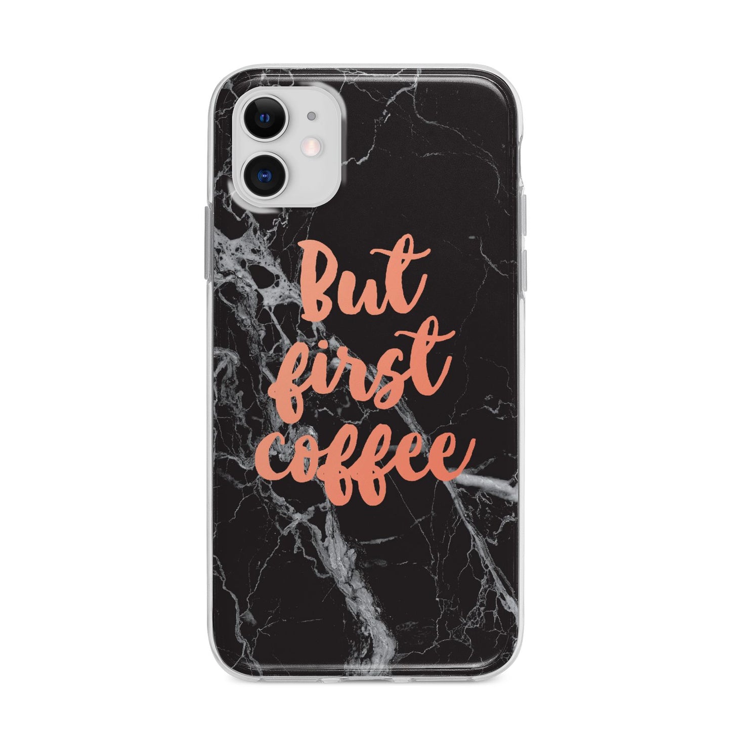 But First Coffee Black Marble Effect Apple iPhone 11 in White with Bumper Case