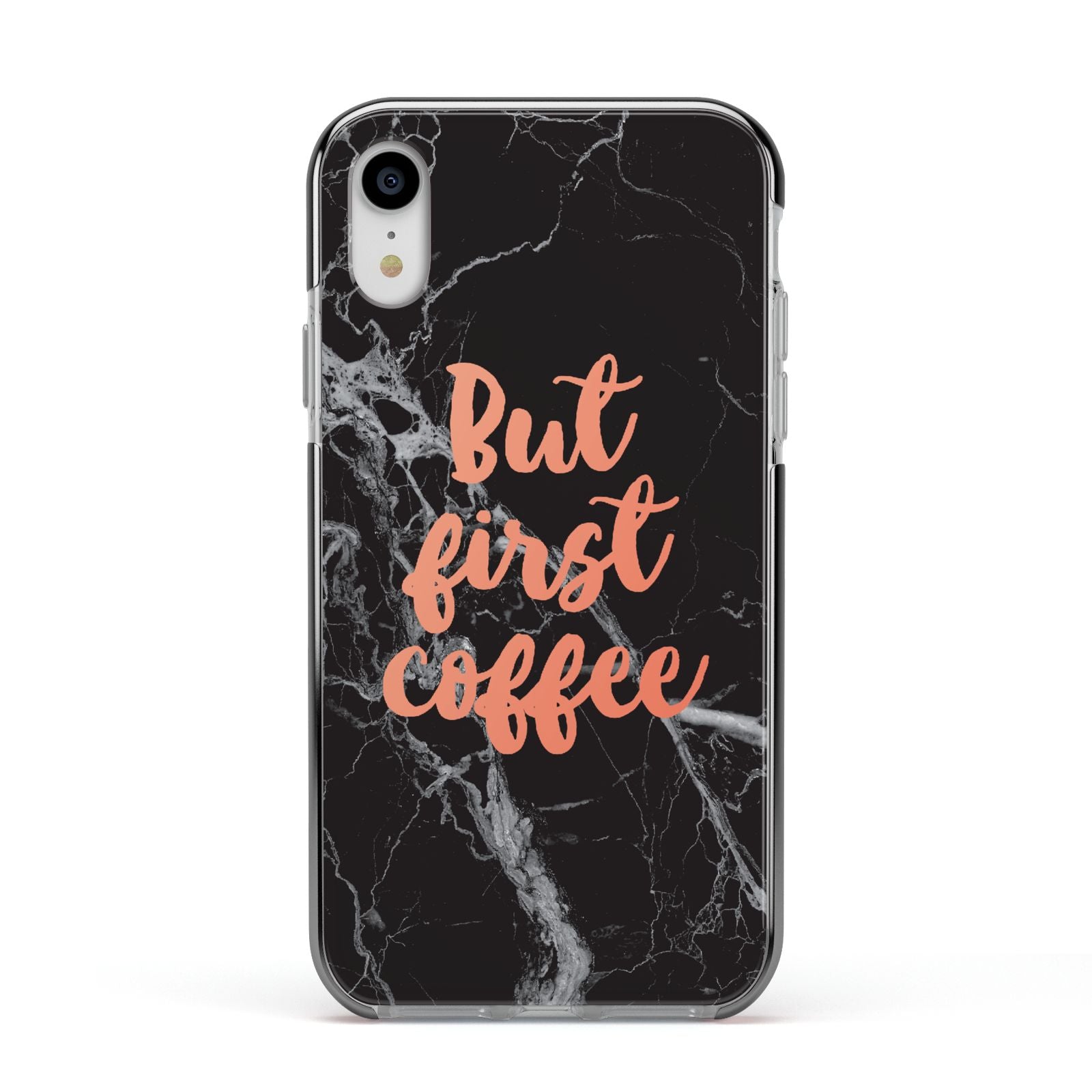 But First Coffee Black Marble Effect Apple iPhone XR Impact Case Black Edge on Silver Phone