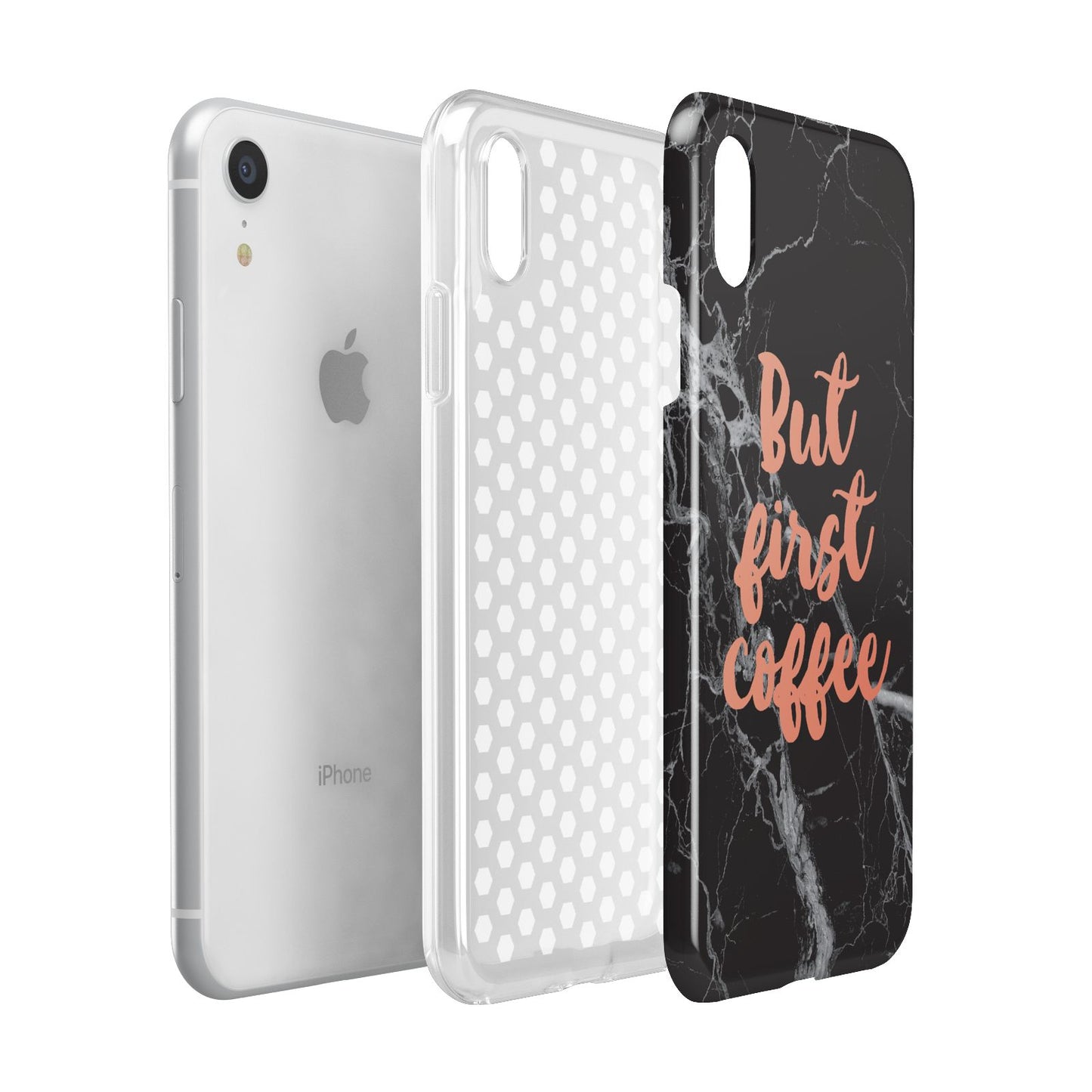 But First Coffee Black Marble Effect Apple iPhone XR White 3D Tough Case Expanded view
