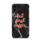 But First Coffee Black Marble Effect Apple iPhone Xs Impact Case Black Edge on Black Phone