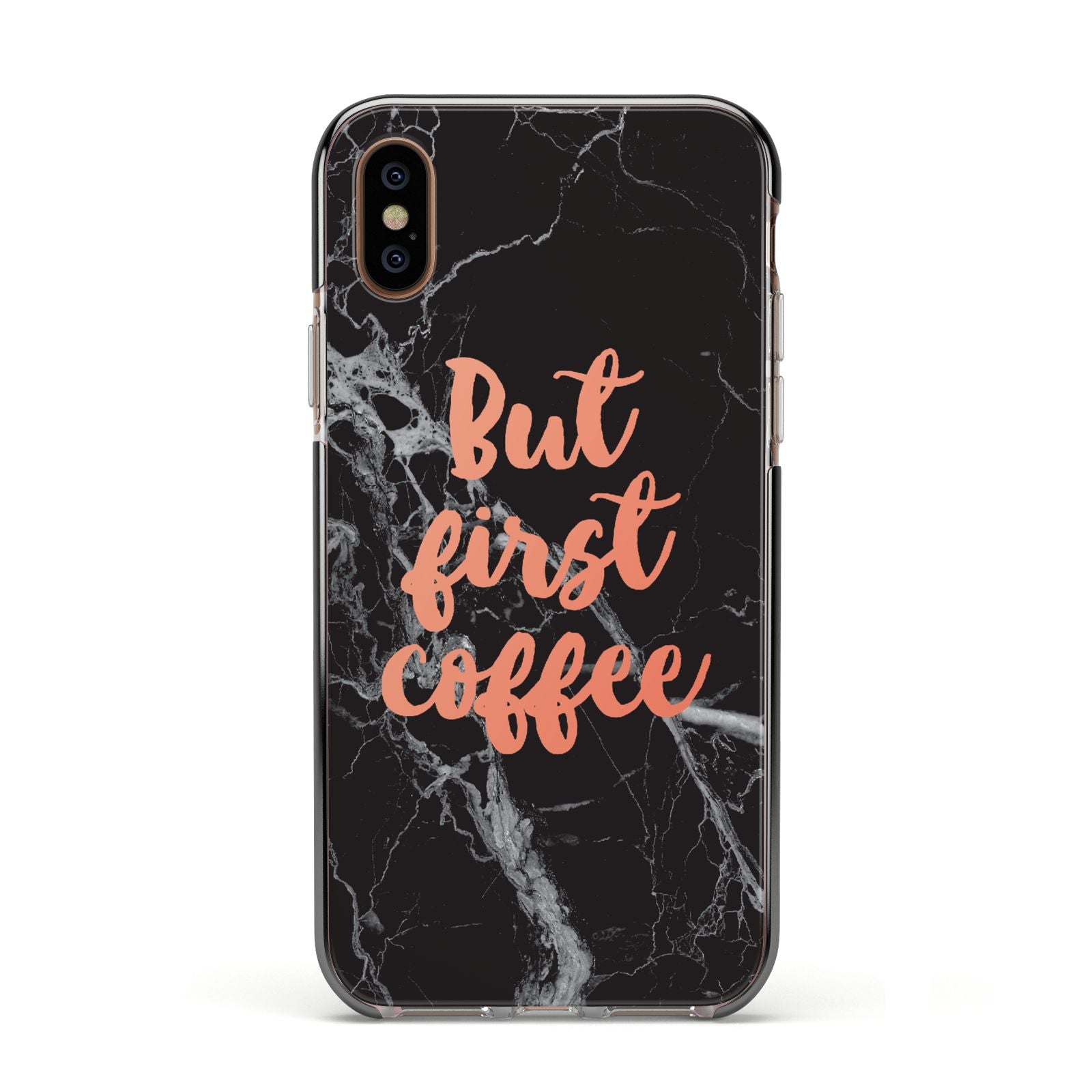 But First Coffee Black Marble Effect Apple iPhone Xs Impact Case Black Edge on Gold Phone