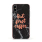 But First Coffee Black Marble Effect Apple iPhone Xs Impact Case Pink Edge on Silver Phone
