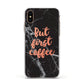 But First Coffee Black Marble Effect Apple iPhone Xs Impact Case White Edge on Gold Phone