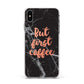 But First Coffee Black Marble Effect Apple iPhone Xs Max Impact Case White Edge on Silver Phone