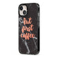 But First Coffee Black Marble Effect iPhone 13 Black Impact Case Side Angle on Silver phone