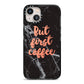 But First Coffee Black Marble Effect iPhone 13 Black Impact Case on Silver phone