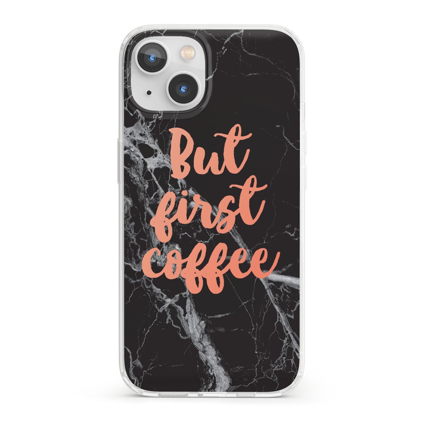 But First Coffee Black Marble Effect iPhone 13 Clear Bumper Case