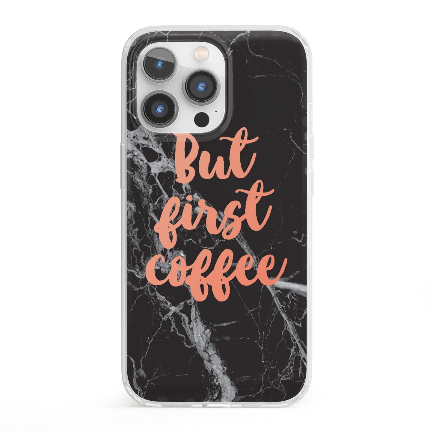 But First Coffee Black Marble Effect iPhone 13 Pro Clear Bumper Case
