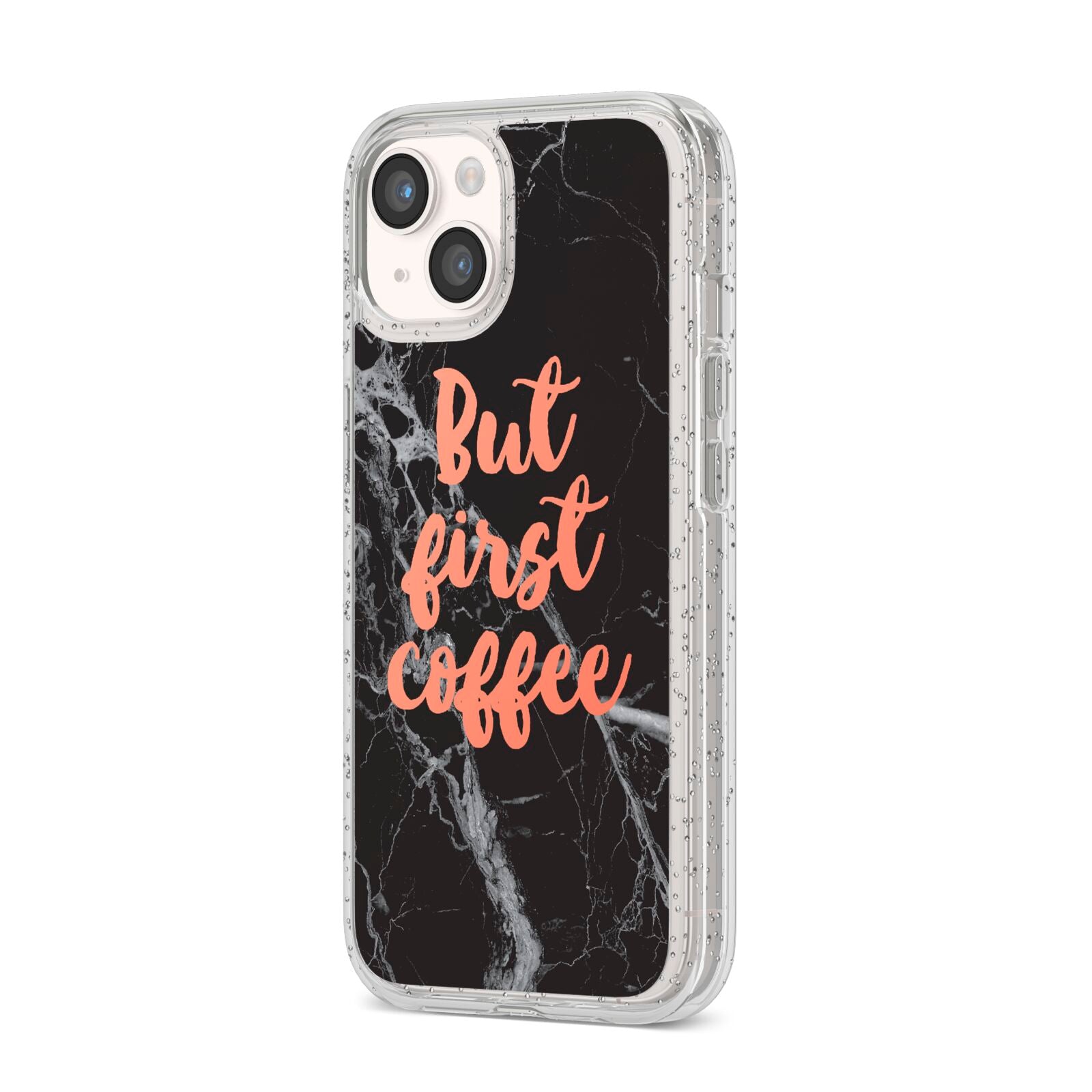 But First Coffee Black Marble Effect iPhone 14 Glitter Tough Case Starlight Angled Image