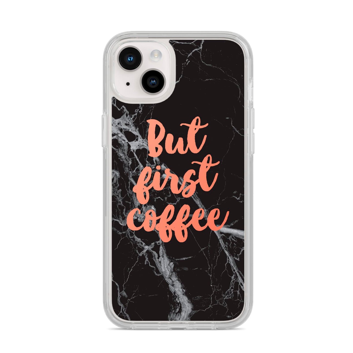 But First Coffee Black Marble Effect iPhone 14 Plus Clear Tough Case Starlight