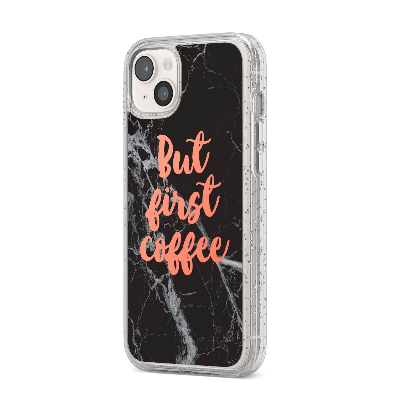 But First Coffee Black Marble Effect iPhone 14 Plus Glitter Tough Case Starlight Angled Image