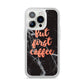 But First Coffee Black Marble Effect iPhone 14 Pro Clear Tough Case Silver