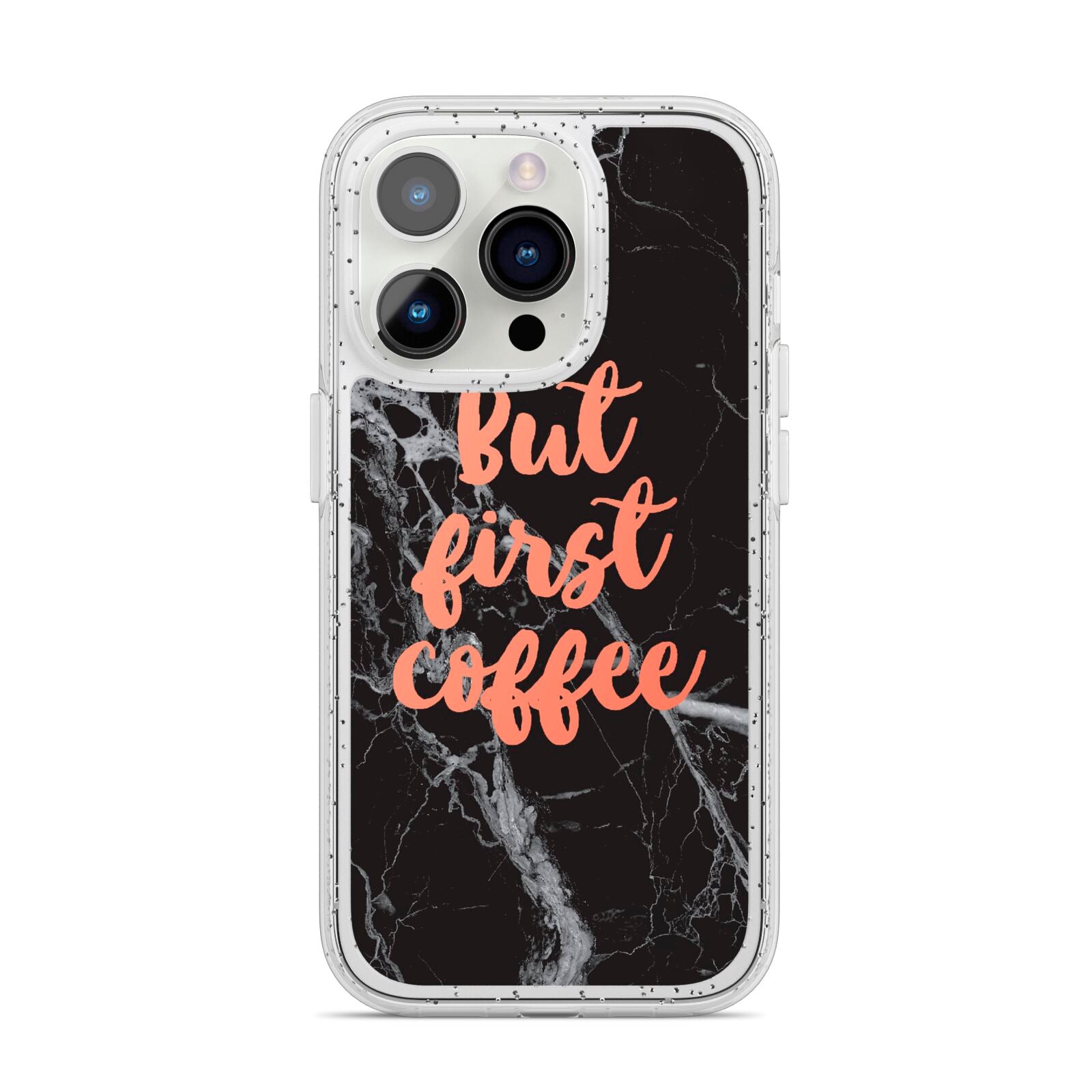 But First Coffee Black Marble Effect iPhone 14 Pro Glitter Tough Case Silver