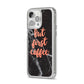 But First Coffee Black Marble Effect iPhone 14 Pro Max Clear Tough Case Silver Angled Image