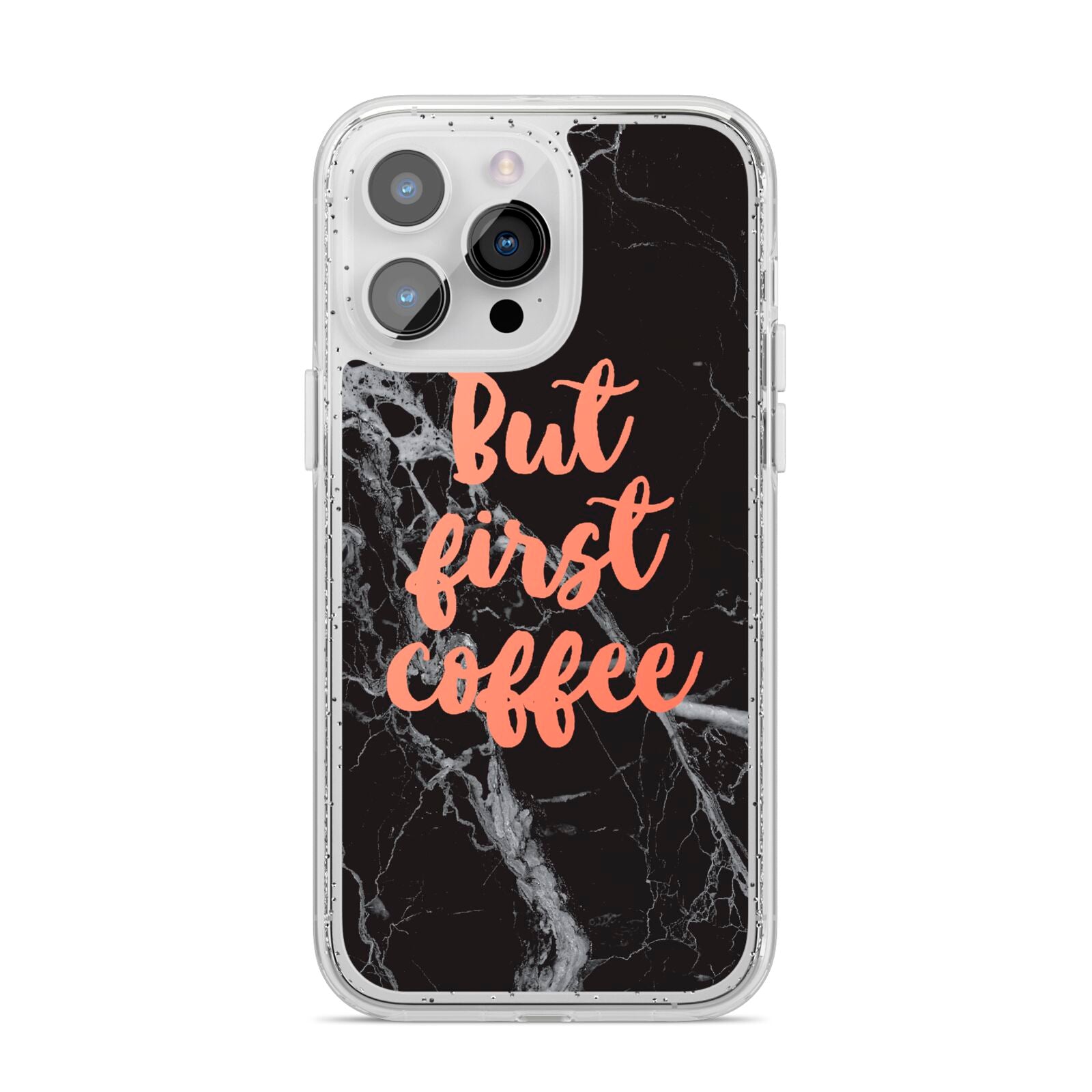 But First Coffee Black Marble Effect iPhone 14 Pro Max Glitter Tough Case Silver