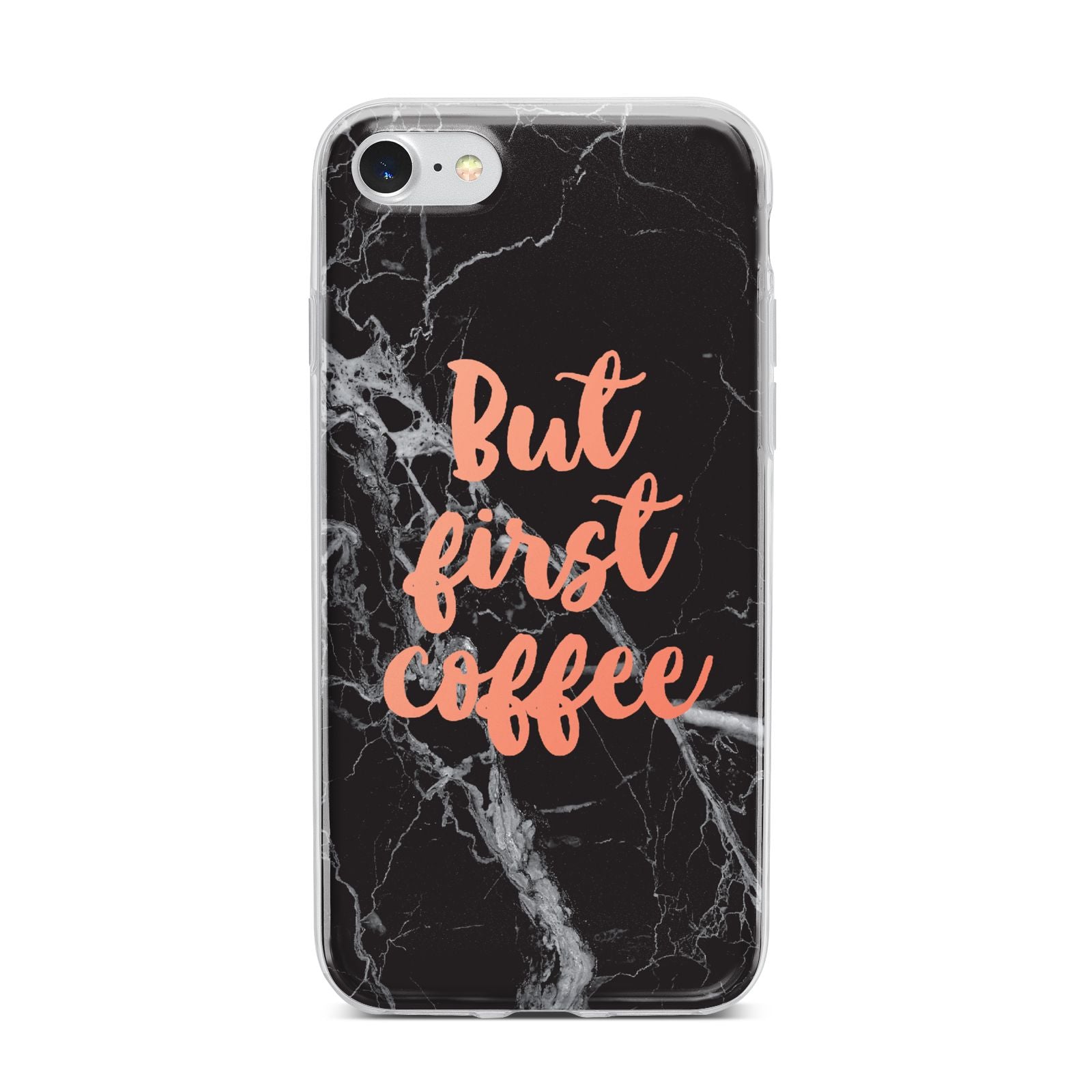 But First Coffee Black Marble Effect iPhone 7 Bumper Case on Silver iPhone