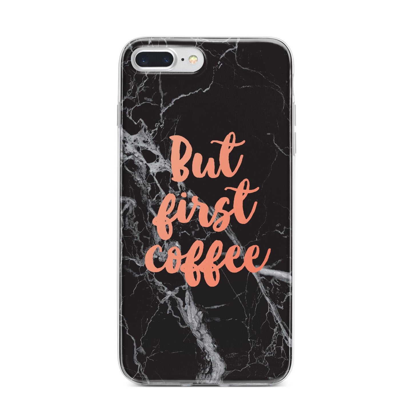 But First Coffee Black Marble Effect iPhone 7 Plus Bumper Case on Silver iPhone