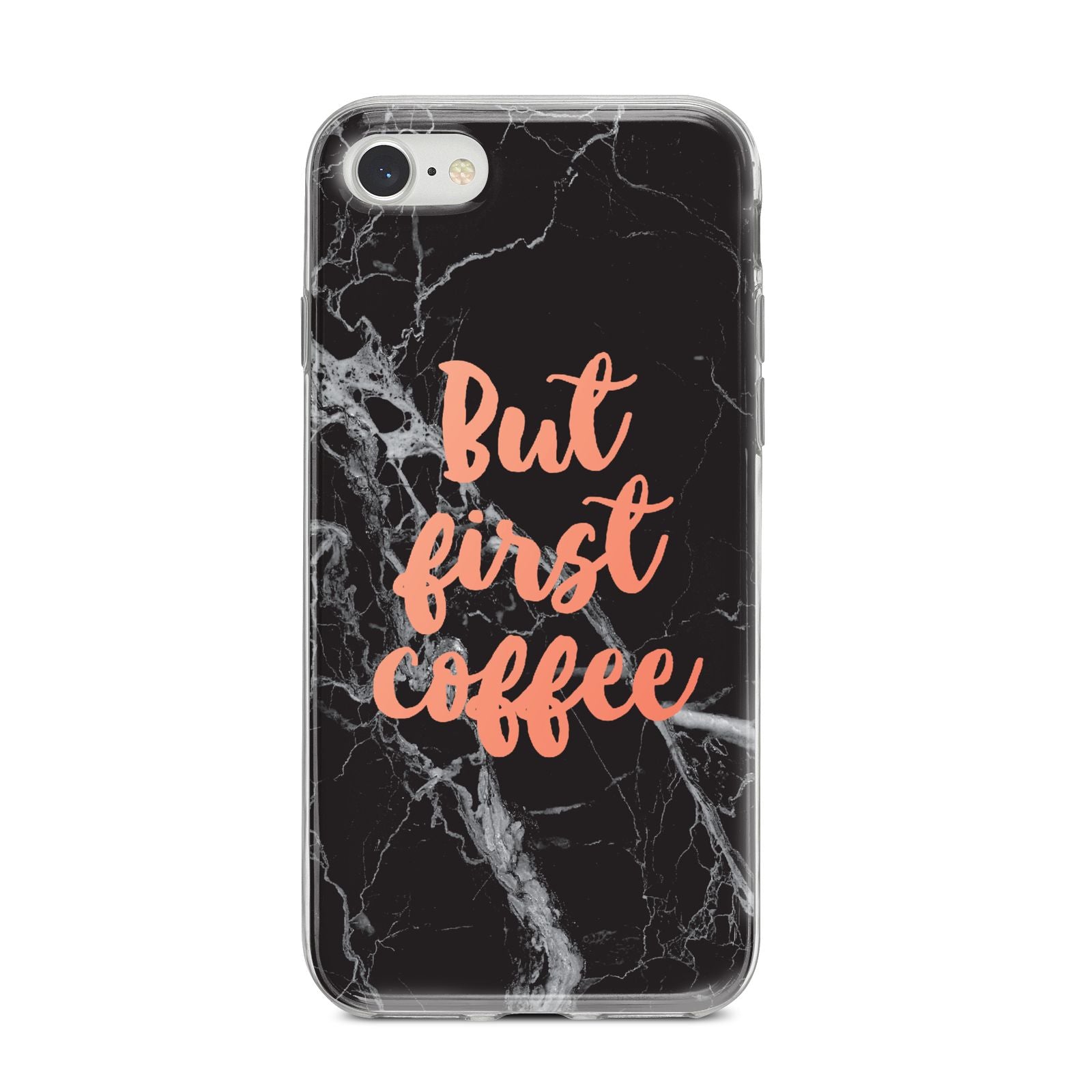 But First Coffee Black Marble Effect iPhone 8 Bumper Case on Silver iPhone
