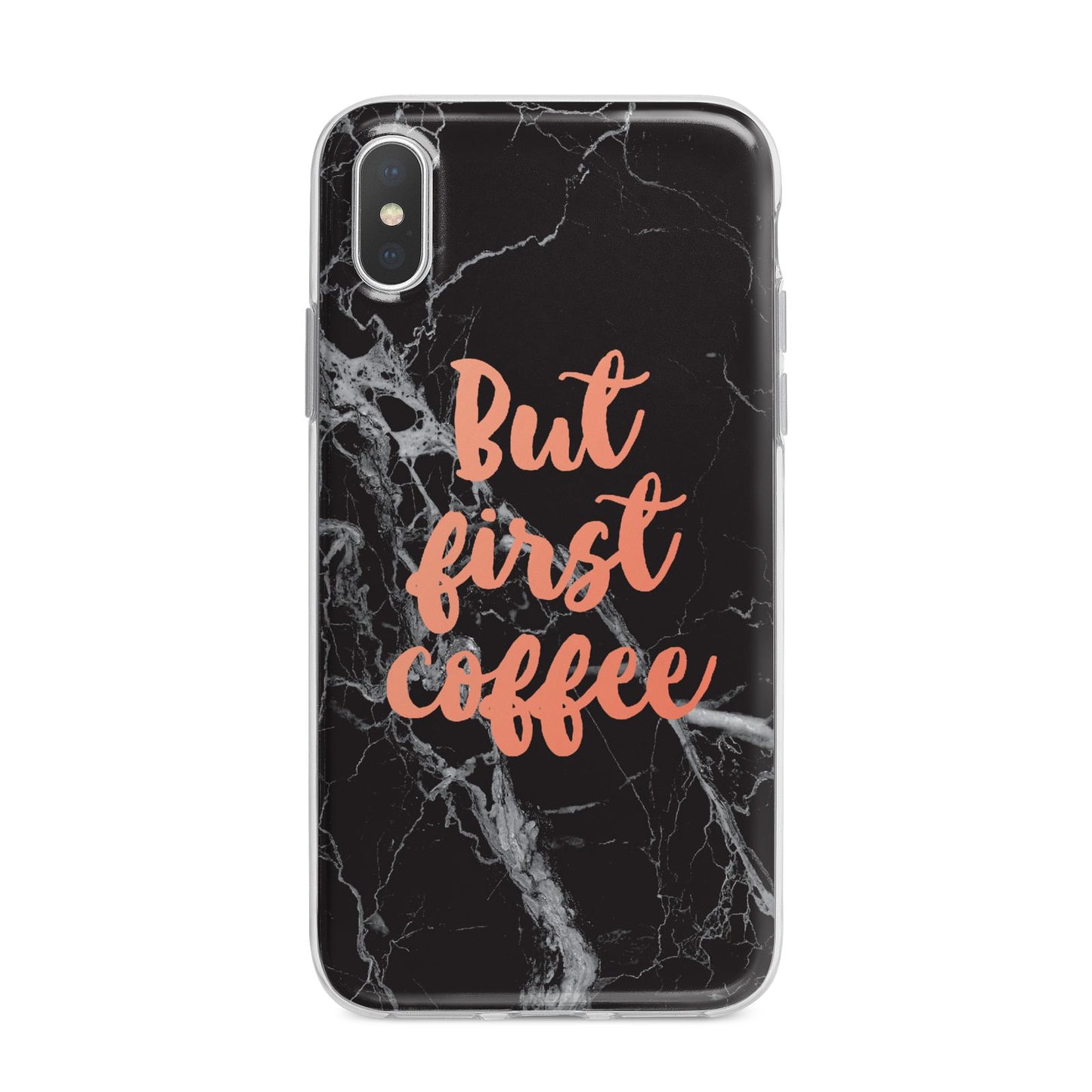 But First Coffee Black Marble Effect iPhone X Bumper Case on Silver iPhone Alternative Image 1