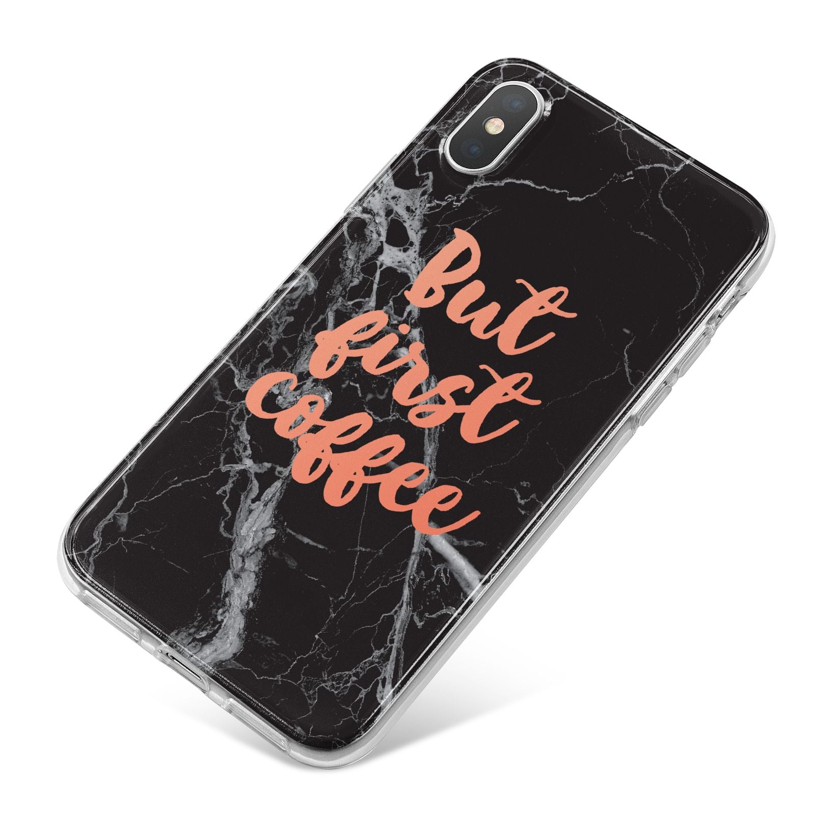 But First Coffee Black Marble Effect iPhone X Bumper Case on Silver iPhone